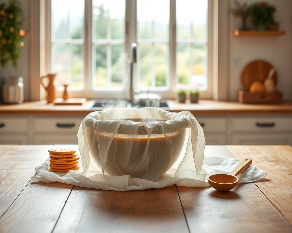 Hoe werkt kaasdoek bij bouillon zeven?