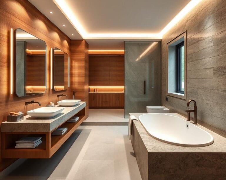 Een badkamer met warme houtaccenten en natuursteen